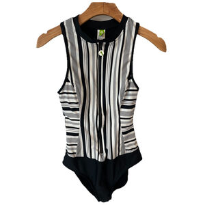 Next One Piece Swimsuit Womens Size Medium Black White Hipster Striped Front Zip